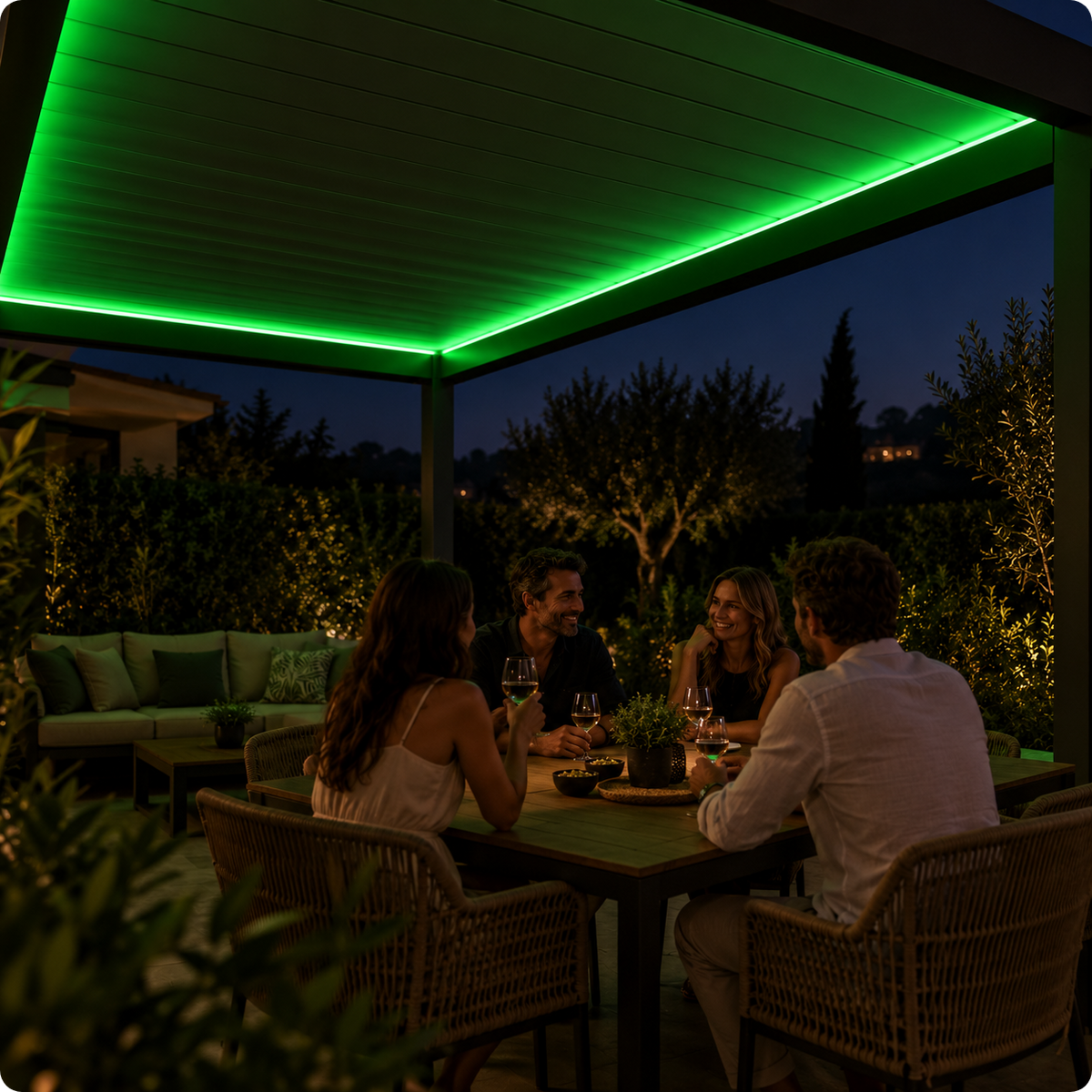 Leds en bande Kroma vert décorant une pergola