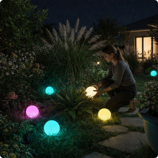 Lumiere solaire exterieur SolarGlobe multicolore dans un jardin