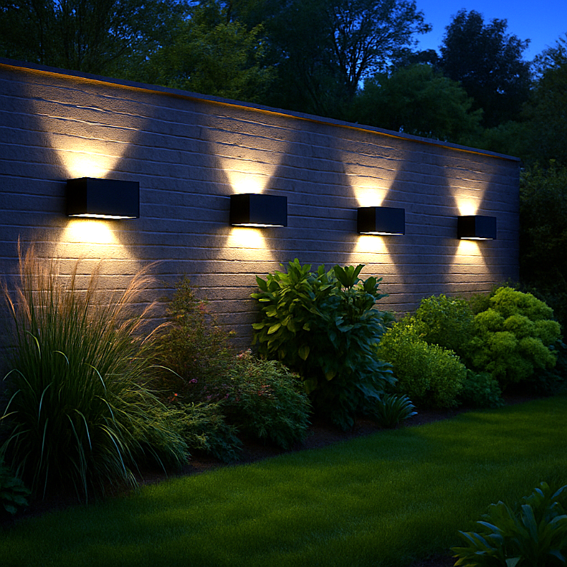 luminaire exterieur mural squareduo éclairant un mur en briques