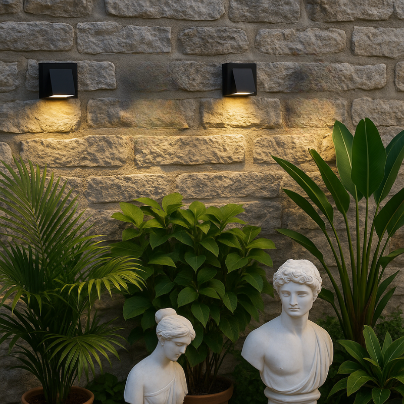 luminaire extérieur mural Orion éclairant des plantes et des statues