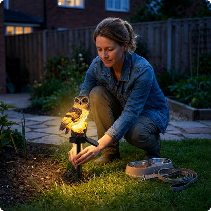 luminaire exterieur solaire Hibou marron planté dans le soll