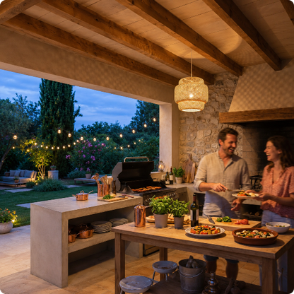 lustre extérieur Lumaïa éclairant une cuisine d'été