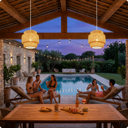 lustre extérieur Lumaïa éclairant un poolhouse 