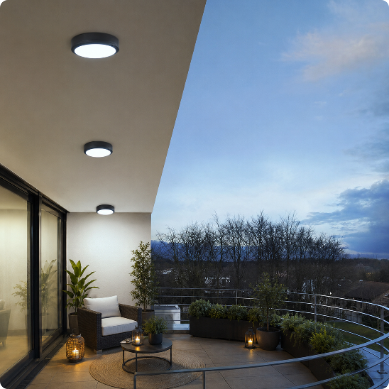 Plafonnier extérieur Luna blanc froid éclairant un balcon
