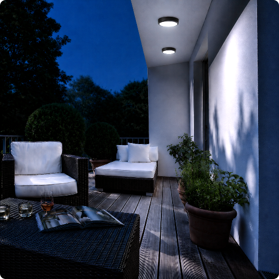 Plafonnier extérieur Luna blanc froid éclairant une terrasse aménagée