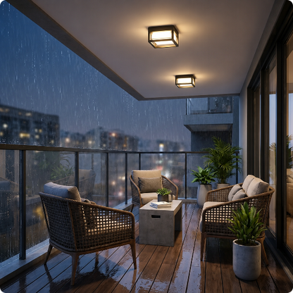 plafonnier extérieur étanche Cubix résistant aux intempéries sur un balcon