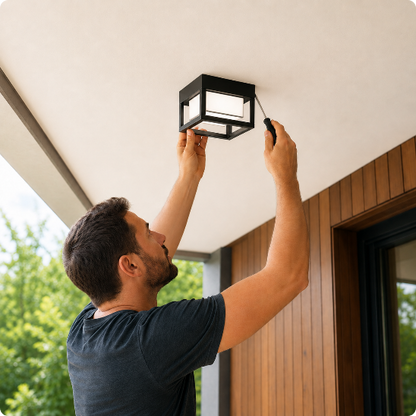 plafonnier extérieur étanche en cours d'installation