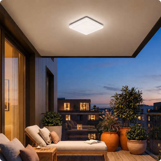 Plafonnier extérieur led Nova Square éclairant un balcon