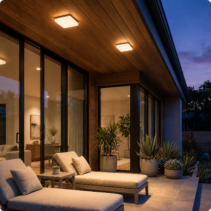 Plafonnier extérieur led Nova Square éclairant une terrasse