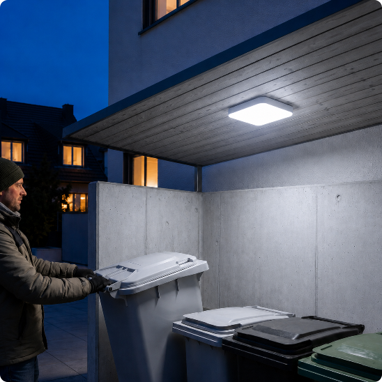 plafonnier extérieur Luméo carré blanc froid éclairant un local poubelles