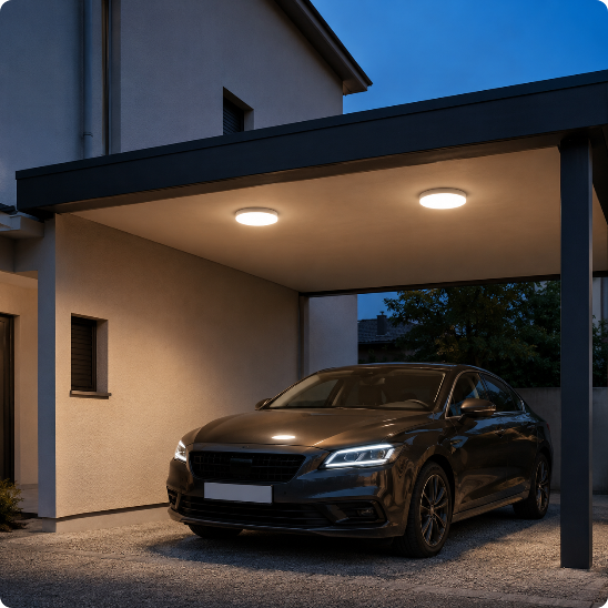 plafonnier extérieur Luméo rond blanc chaud éclairant un carport de voiture