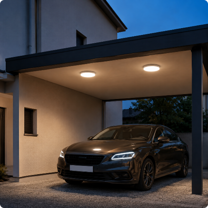 plafonnier extérieur Luméo rond blanc chaud éclairant un carport de voiture