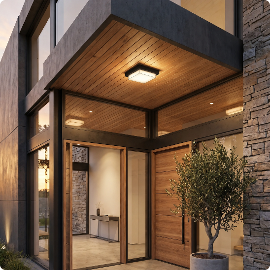 Plafonnier exterieur PureLight blanc chaud éclairant une entrée
