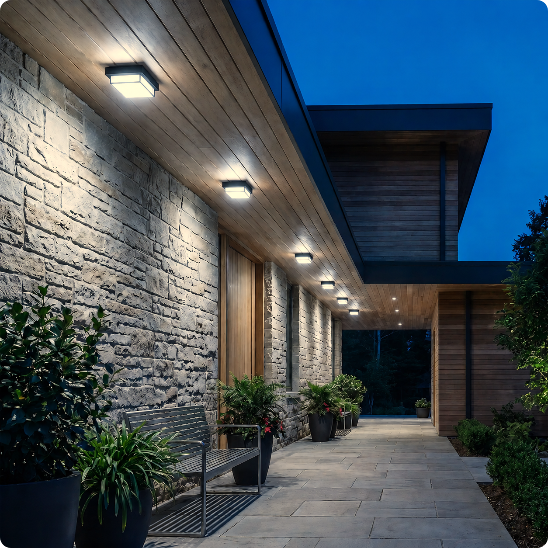 Plafonnier exterieur PureLight 12wblanc froid éclairant un accès à une maison