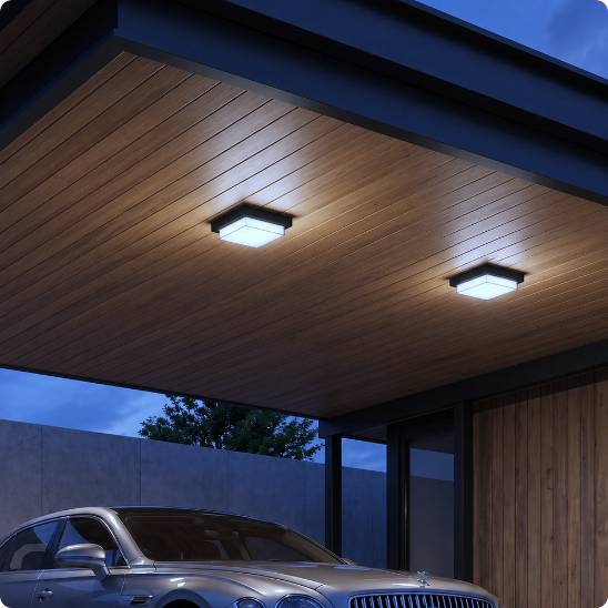 Plafonnier exterieur PureLight blanc froid éclairant un carport