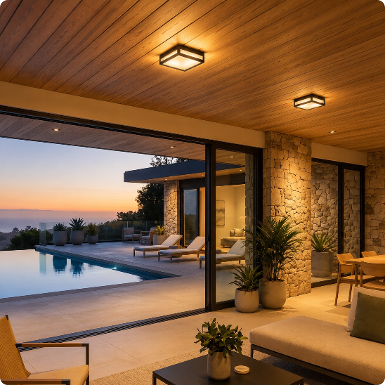plafonnier exterieur Quadra blanc chaud 24W éclairant un poolhouse
