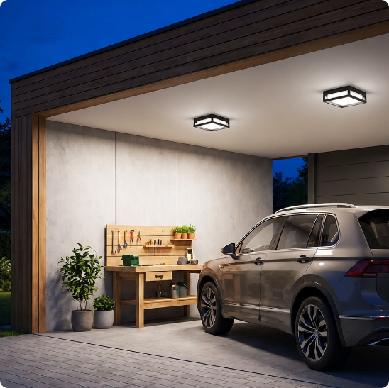 plafonnier exterieur Quadra blanc froid 24W éclairant un carport de voiture