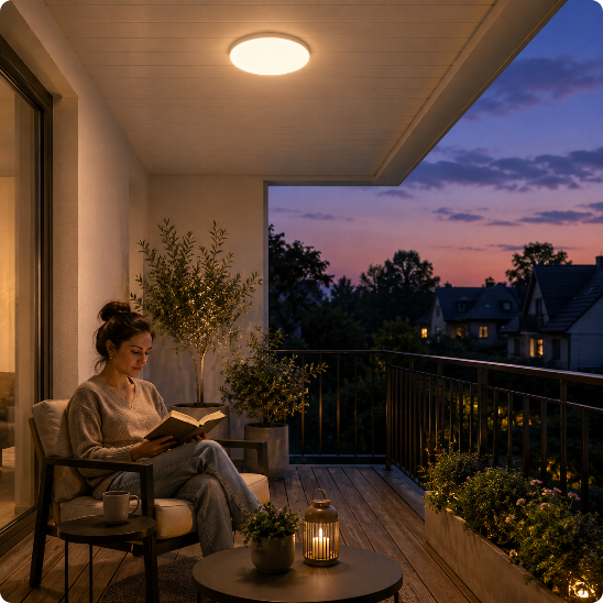 Plafonnier pour exterieur SlimLed blanc chaud éclairant un balcon