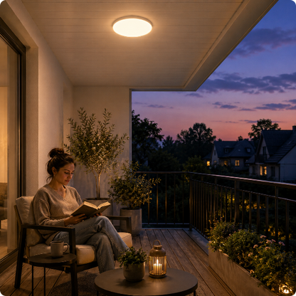 Plafonnier pour exterieur SlimLed blanc chaud éclairant un balcon