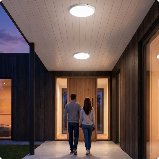Plafonnier pour exterieur SlimLed blanc neutre éclairant un passage extérieur