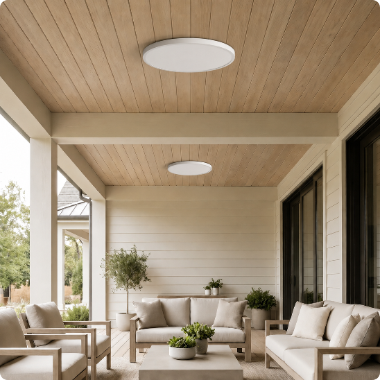 Plafonnier pour exterieur SlimLed blanc installé sous une terrasse couverte