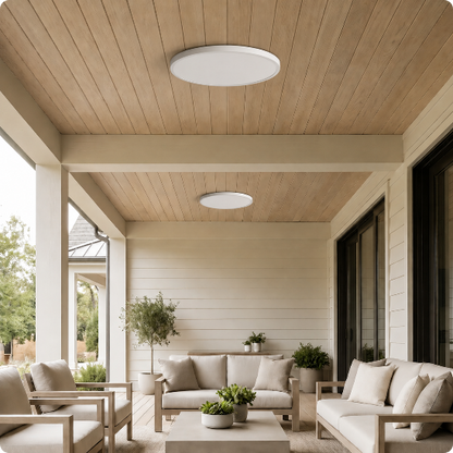 Plafonnier pour exterieur SlimLed blanc installé sous une terrasse couverte