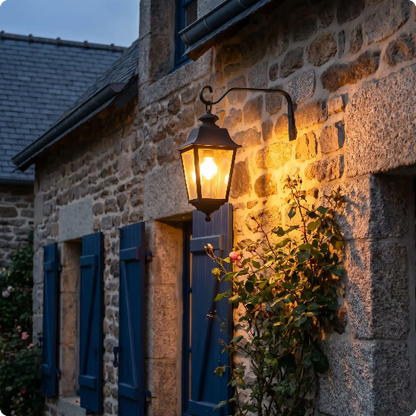 Porte lanterne Atelier fixé sur un mur en pierres