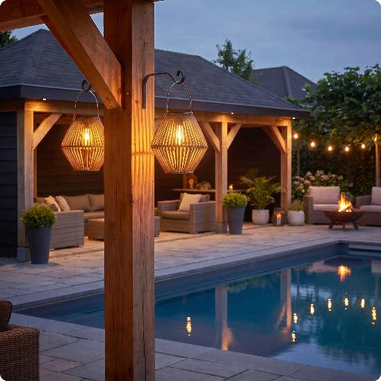 Porte lanterne fixée sur un poteau de poolhouse