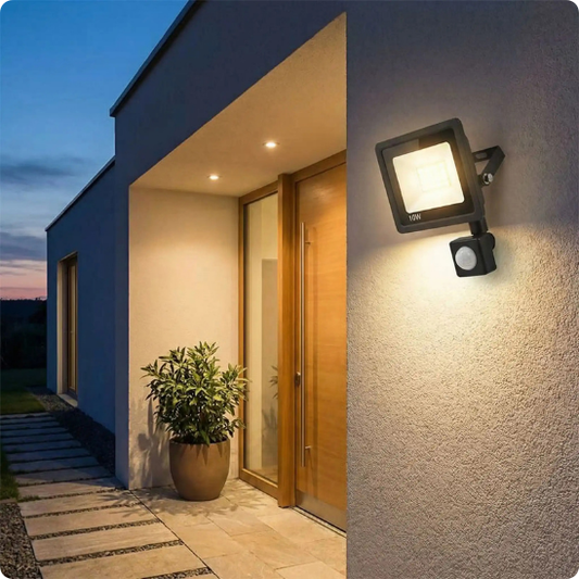 Projecteur extérieur détecteur de mouvement Aludra blanc chaud éclairant une entrée de maison