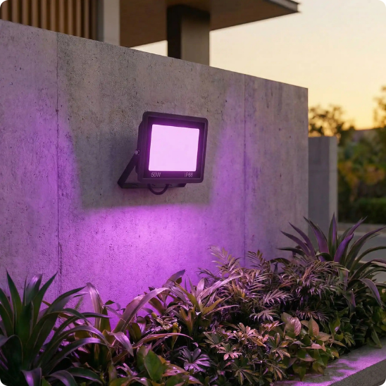 Projecteur exterieur led Alkaïd éclairant en mauve