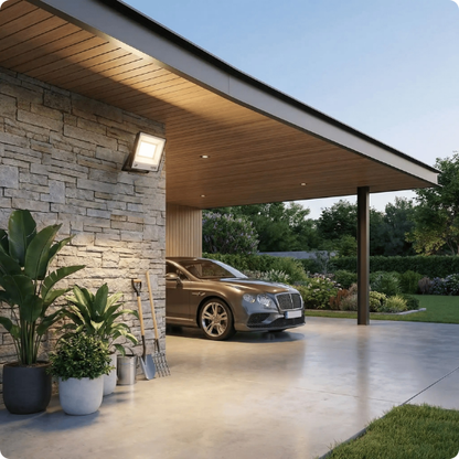 Projecteur led extérieur puissant Powerled éclairant un carport