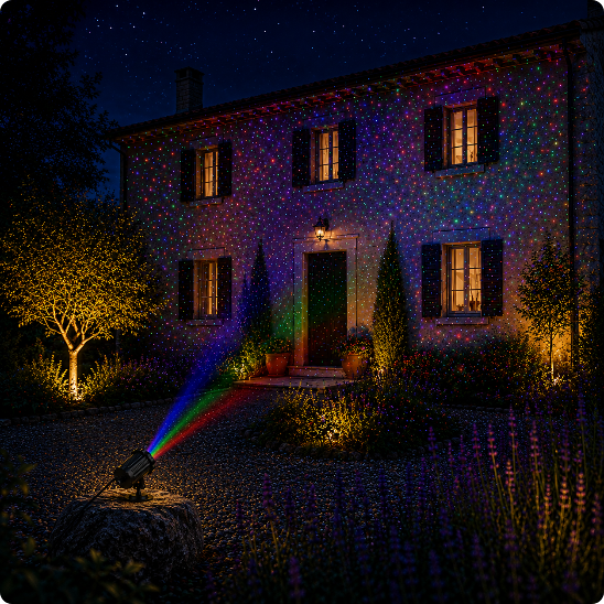 Projecteur Noel Lucioles éclairant une maison