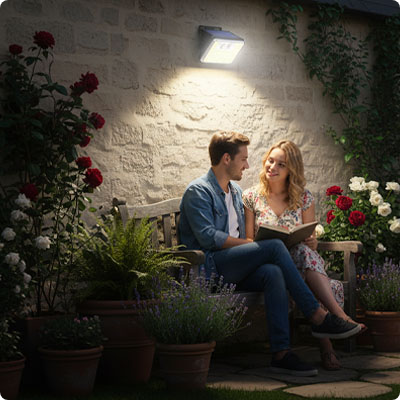Projecteur solaire avec détecteur de mouvement FlashDetect éclairant un couple