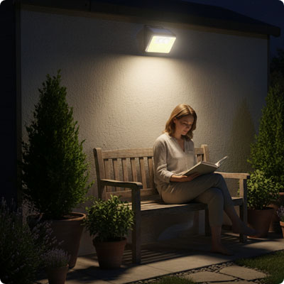 Projecteur solaire avec détecteur de mouvement FlashDetect éclairant une femme