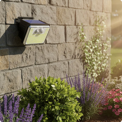 Projecteur solaire avec détecteur de mouvement FlashDetect éclairant des plantes
