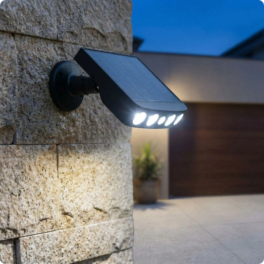projecteur solaire led détecteur mouvement éclairant une entrée de garage