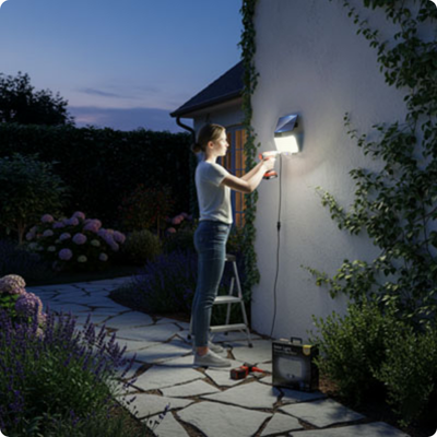 Projecteur solaire Led ProjectLed Solaire installé par une femme