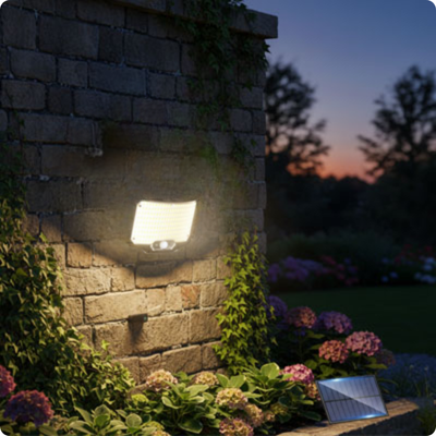 Projecteur solaire Led ProjectLed Solaire posé sur un muret en pierres