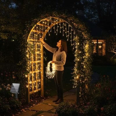 Rideau lumineux Noel Cascade blanc chaud sous arche de jardin