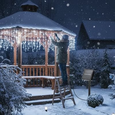 Rideau lumineux Noel Cascade blanc froid sous pergola