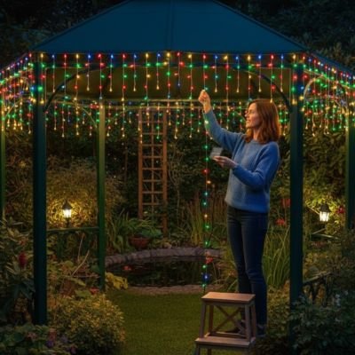 Rideau lumineux Noel Cascade multicolore sous pergola