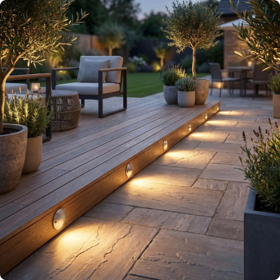 Spot à led extérieur Véga argent 1 côté éclairant la tranche d'une terrasse 