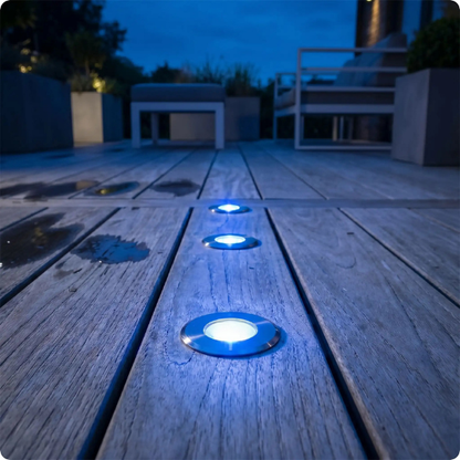 spot encastrable pour exterieur Sagittaire RVB argent bleu encastré dans terrasse