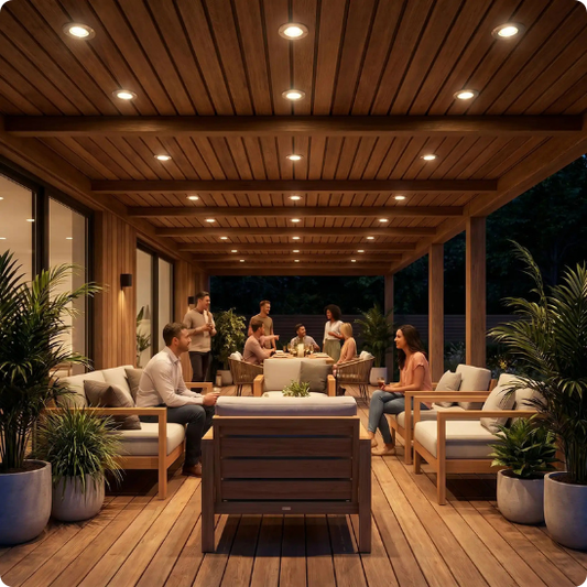 spot extérieur étanche Rigel 220V blanc chaud en plafond d'une terrasse couverte
