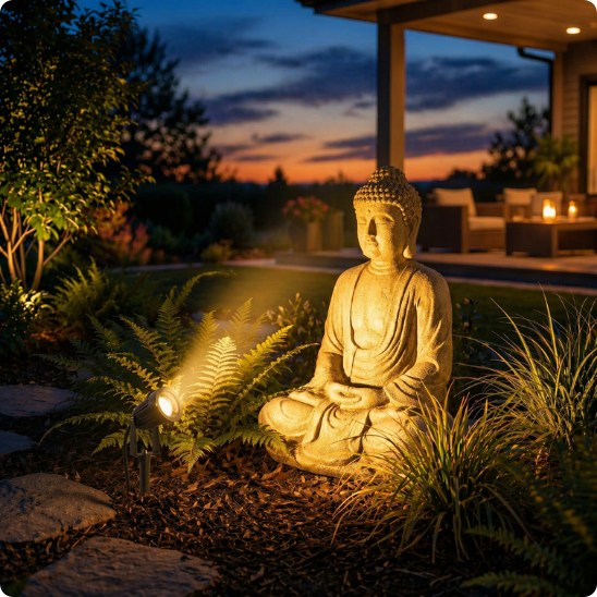 spot extérieur Mercure 12-24V blanc chaud éclairant une statue de Bouddha