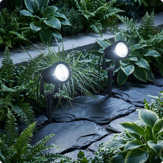 spot extérieur Mercure 12-24V blanc froid planté à cté de plantes