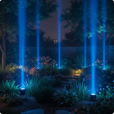 Spot exterieur vénus bleu créant des faisceaux lumineux verticaux