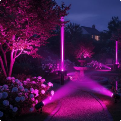 Spot exterieur vénus rose éclairant un jardin