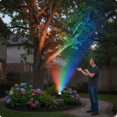 spot exterieur Vénus RVB bluetooth éclairant un jardin