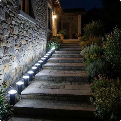 Spots solaires exterieurs Myriade blanc froid balisant un escalier